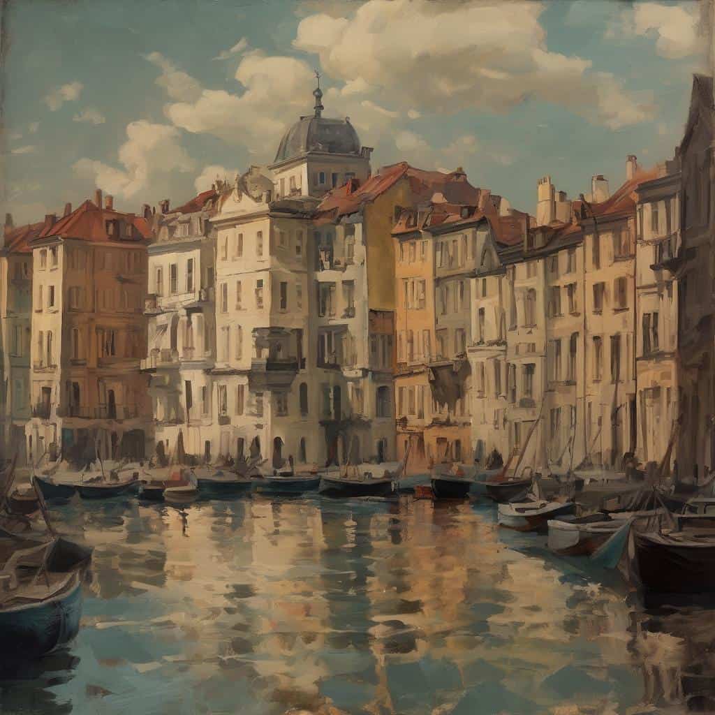 Παλιό λιμάνι με πολύχρωμα κτίρια και μικρά σκάφη, ζωγραφική με έμφαση στην τέχνη και την κοινωνική ταυτότητα, αποπνέει αίσθηση ιστορίας και πολιτισμού σε μια πολυσύχναστη παραθαλάσσια πόλη.