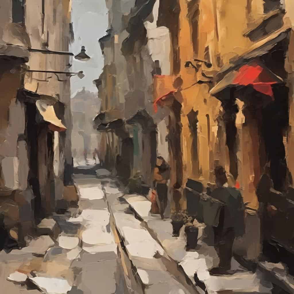 Παραδοσιακή αστική σκηνή με περαστικούς σε δρόμο με καταστήματα, ζωγραφισμένη με ζωηρά, πινελιές που αποδίδουν την ατμόσφαιρα τέχνης και κοινωνικής ταυτότητας.