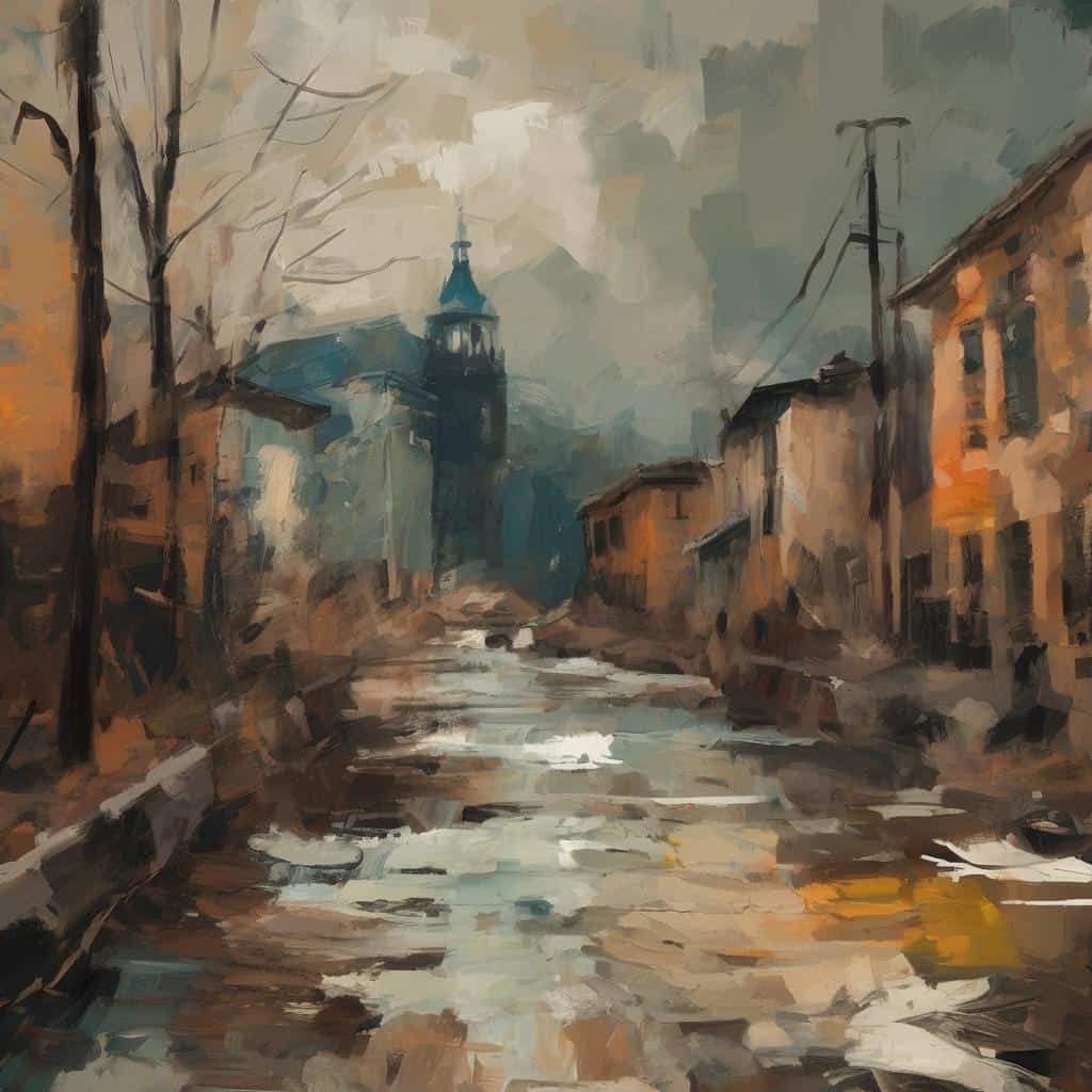 Παραδοσιακός αστικός πίνακας με ερείπια και παλιά σπίτια στην πόλη, που αντικατοπτρίζει τέχνη και κοινωνική ταυτότητα στον πολιτισμό.