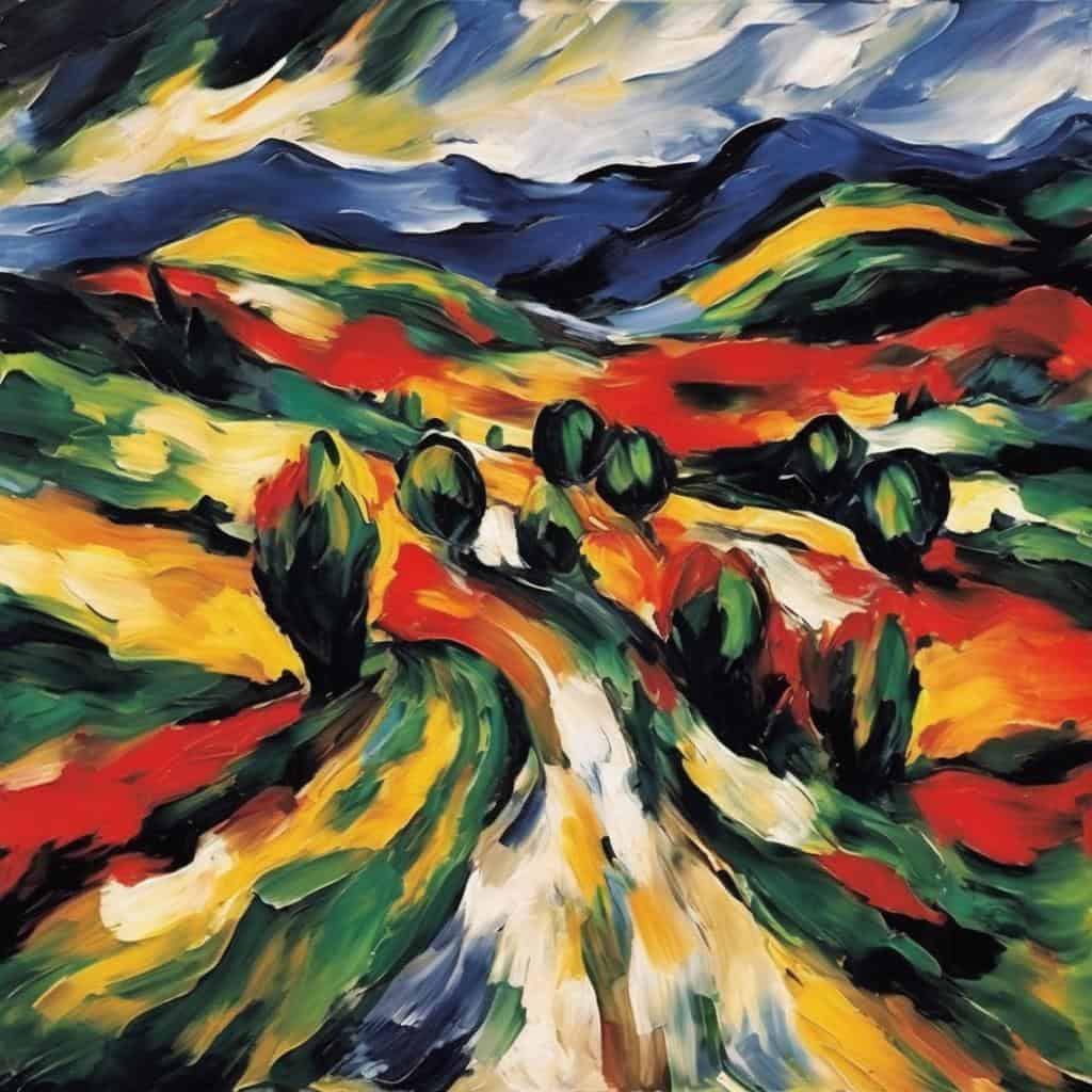 Μοντέρνα ζωγραφική τοπίου με έντονα χρώματα και αφηρημένες μορφές λόφων και καλλιτεχνική έκφραση σε φιλική προς το SEO φωτογραφία τέχνης και κοινωνικής ταυτότητας.