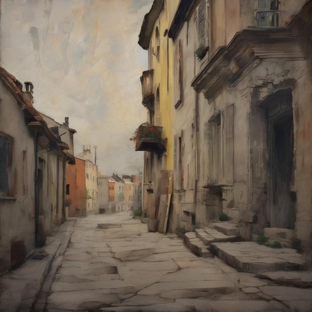 Ρετρό αστικό σκηνικό με παλιά κτήρια και πέτρινο δρόμο, τέχνη και κοινωνική ταυτότητα, εικόνα δυναμικής ζωγραφικής, επίδραση αστικής αρχιτεκτονικής στην κοινωνική ταυτότητα, ελληνική τέχνη και πολιτιστική κληρονομιά.