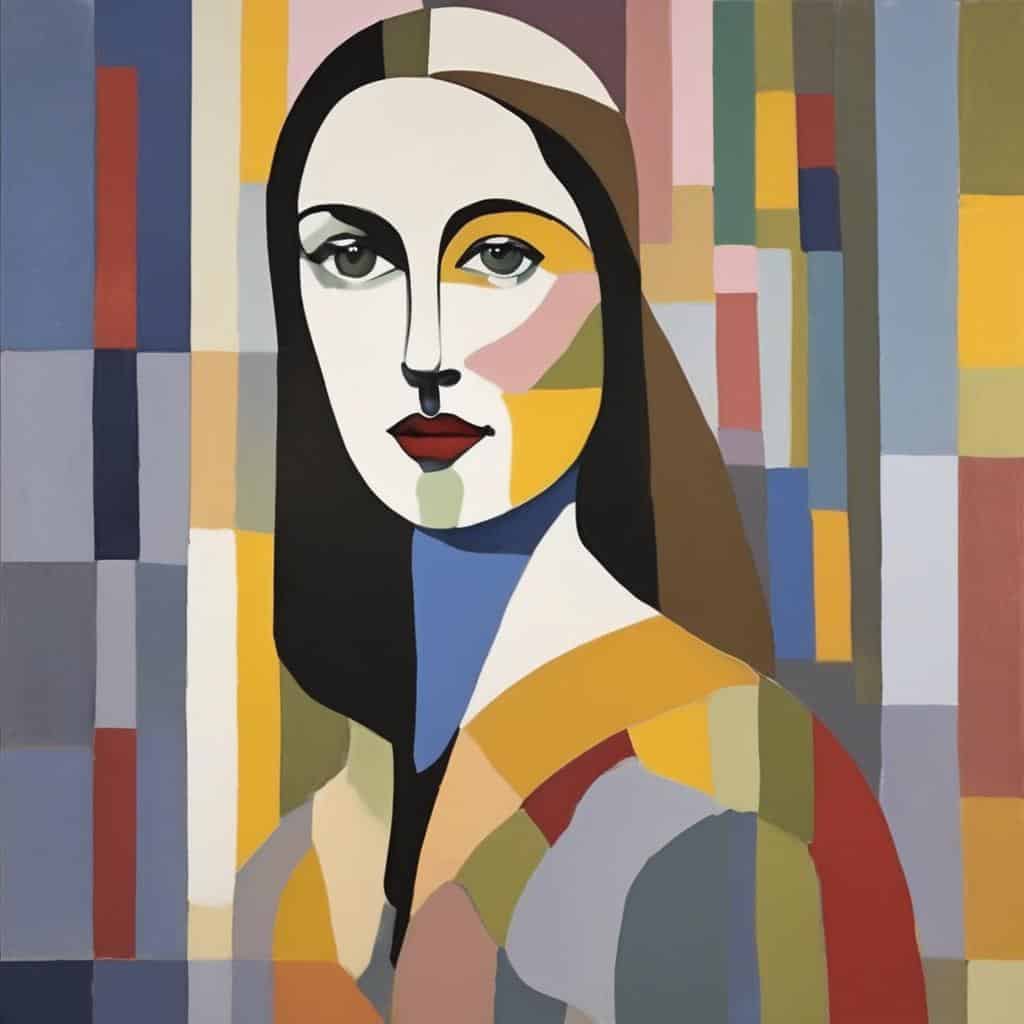 Χαρακτηριστικό πορτραίτο σε αφηρη-stil τέχνης, με έντονα χρώματα και σύγχρονο στυλ παρουσιάζει μια γυναίκα με εκφραστικά χαρακτηριστικά και κοινωνική ταυτότητα.